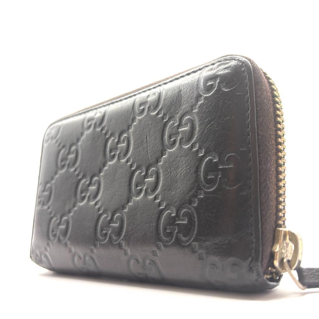 グッチ ケース シマ レザー ラウンドファスナー ブラウン コンパクト