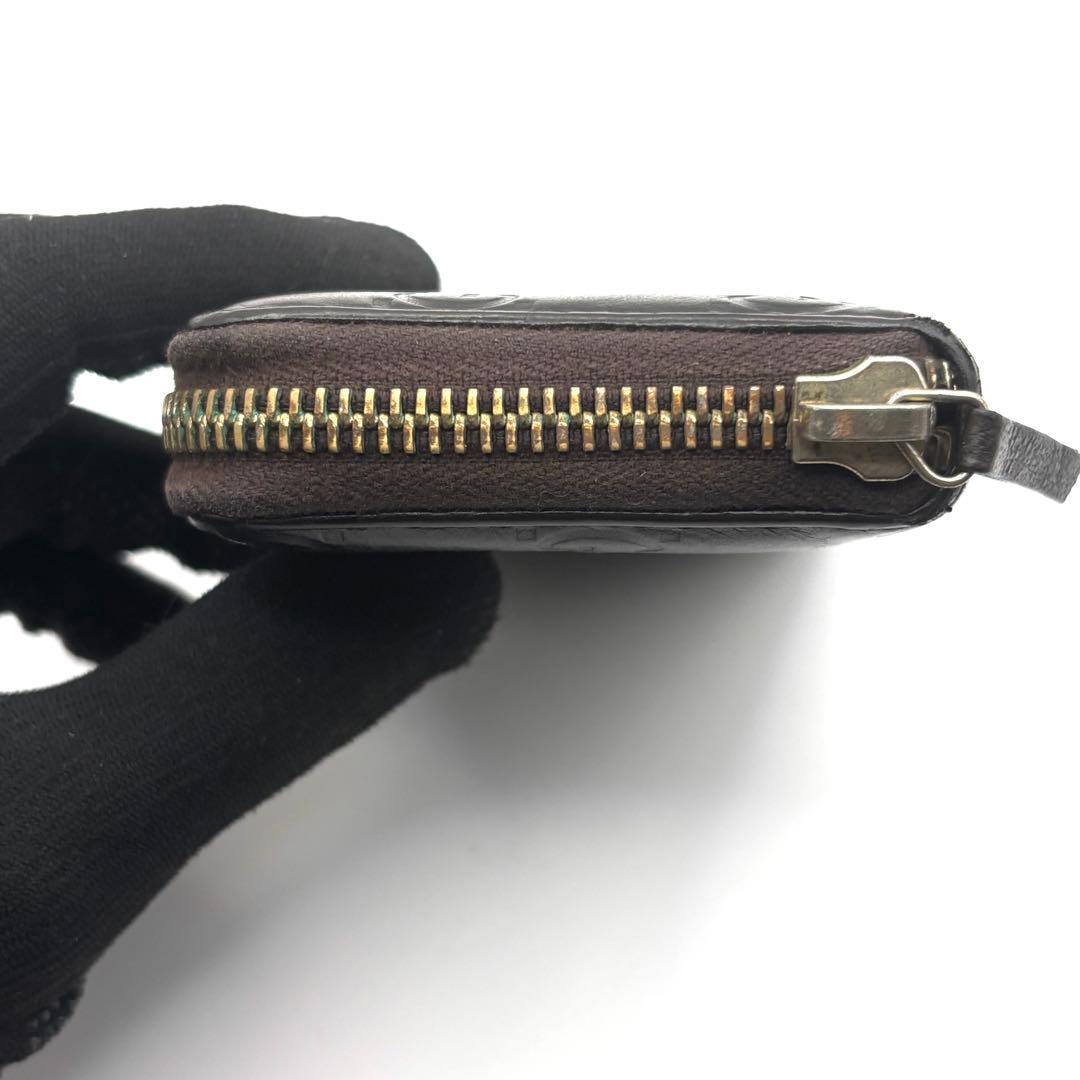 グッチ ケース シマ レザー ラウンドファスナー ブラウン コンパクト