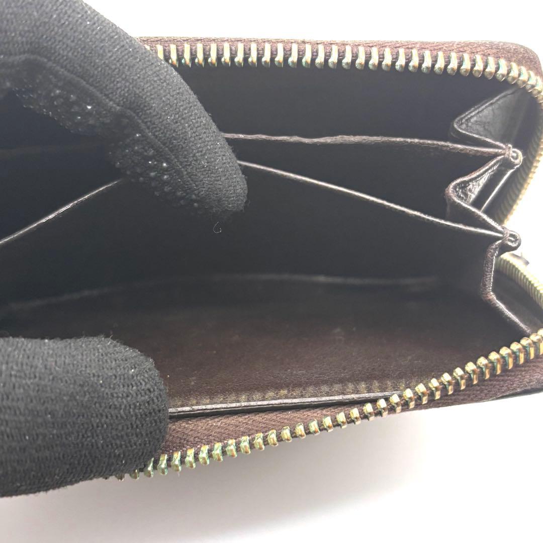 グッチ ケース シマ レザー ラウンドファスナー ブラウン コンパクト