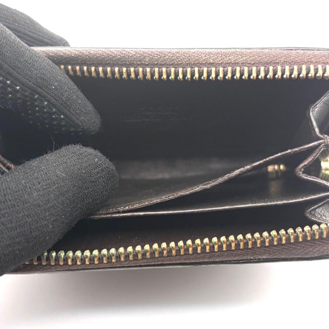 グッチ ケース シマ レザー ラウンドファスナー ブラウン コンパクト