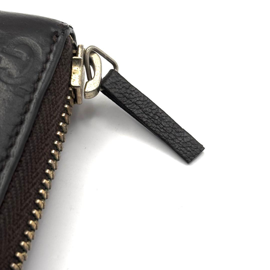 グッチ ケース シマ レザー ラウンドファスナー ブラウン コンパクト