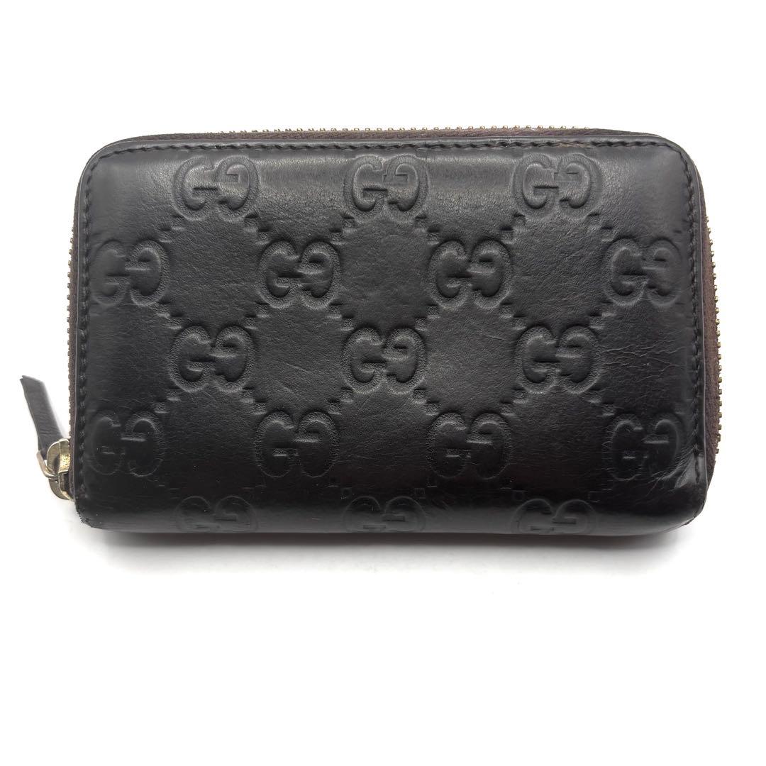 グッチ ケース シマ レザー ラウンドファスナー ブラウン コンパクト