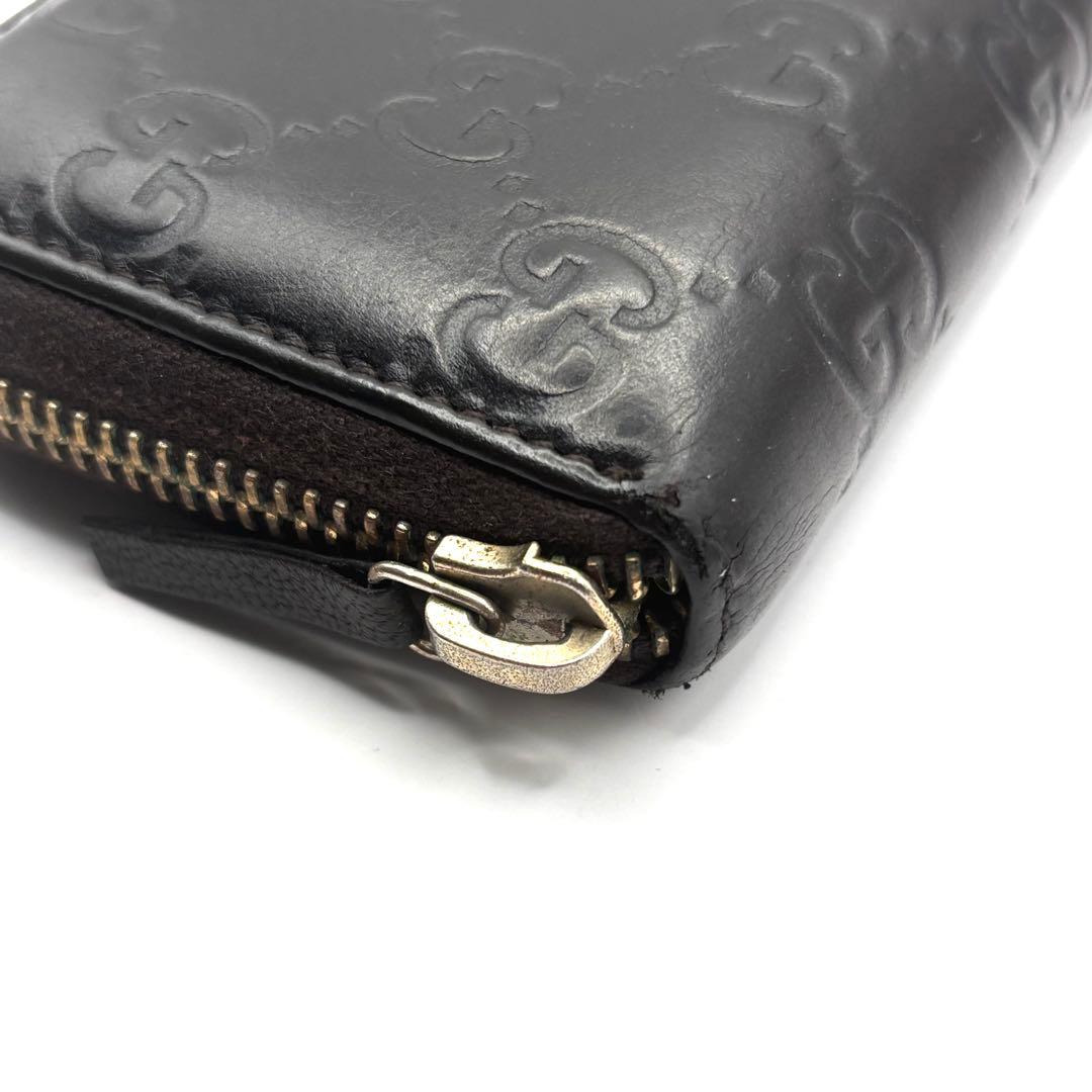 グッチ ケース シマ レザー ラウンドファスナー ブラウン コンパクト