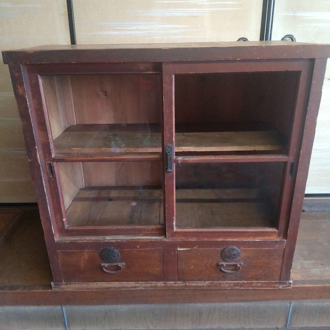 昭和レトロ ガラス戸棚｜引き出し付き食器棚｜古民家・カフェ什器に