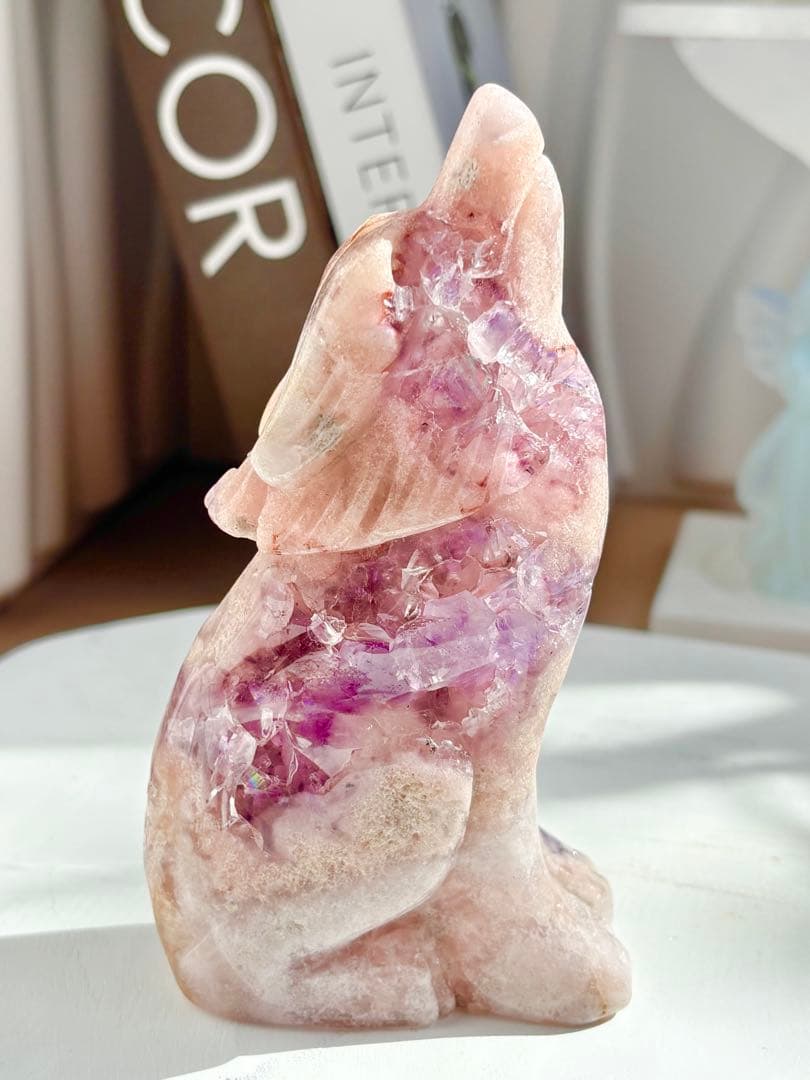 限定《芸術的ピース✰》ピンクアメジスト　フラワーアゲート　オオカミ　カービング