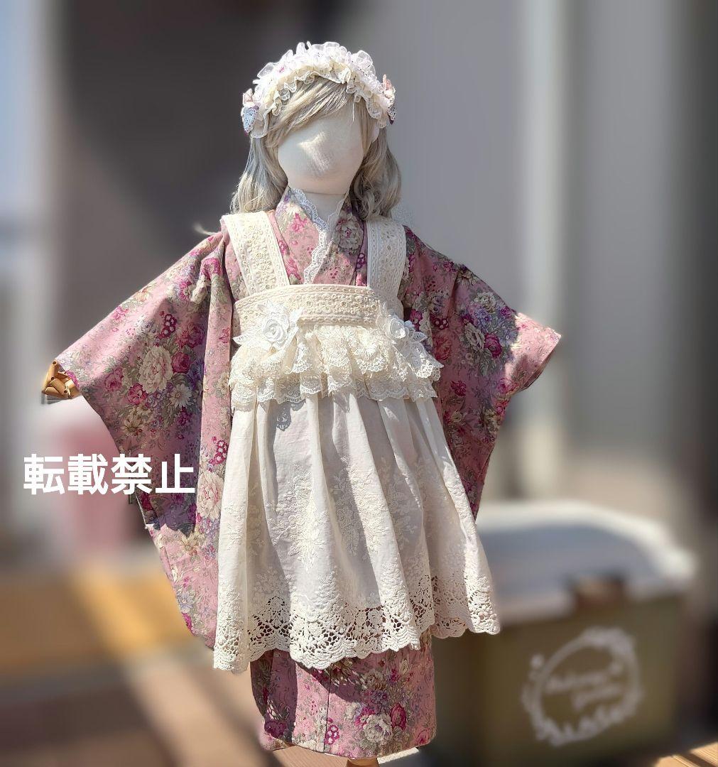 専用　アンティークローズ着物と刺繍レース被布エプロン　ヘッドドレス、襦袢セット