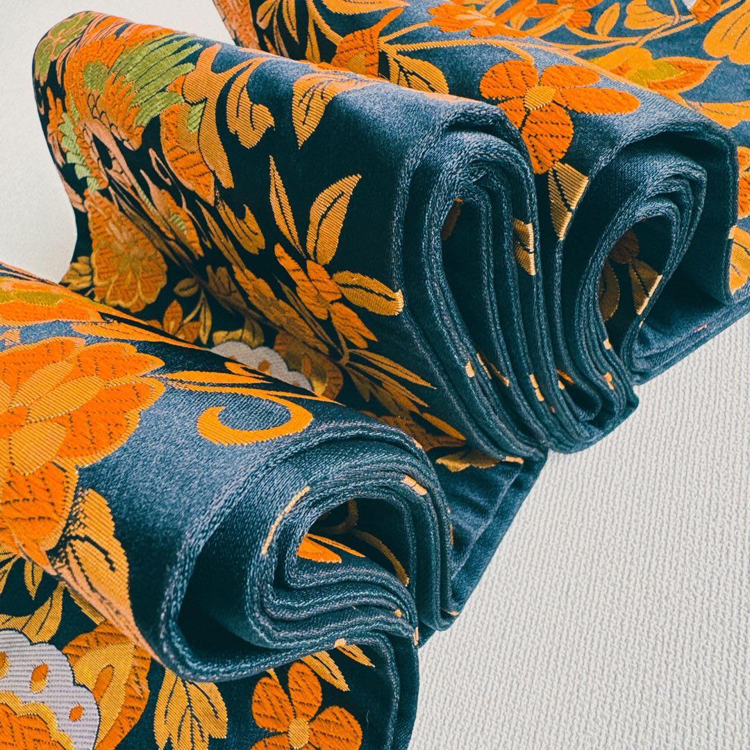 フルセット七五三７歳女の子　オレンジ地チューリップ　黒地袋帯鳳凰　長襦袢7124