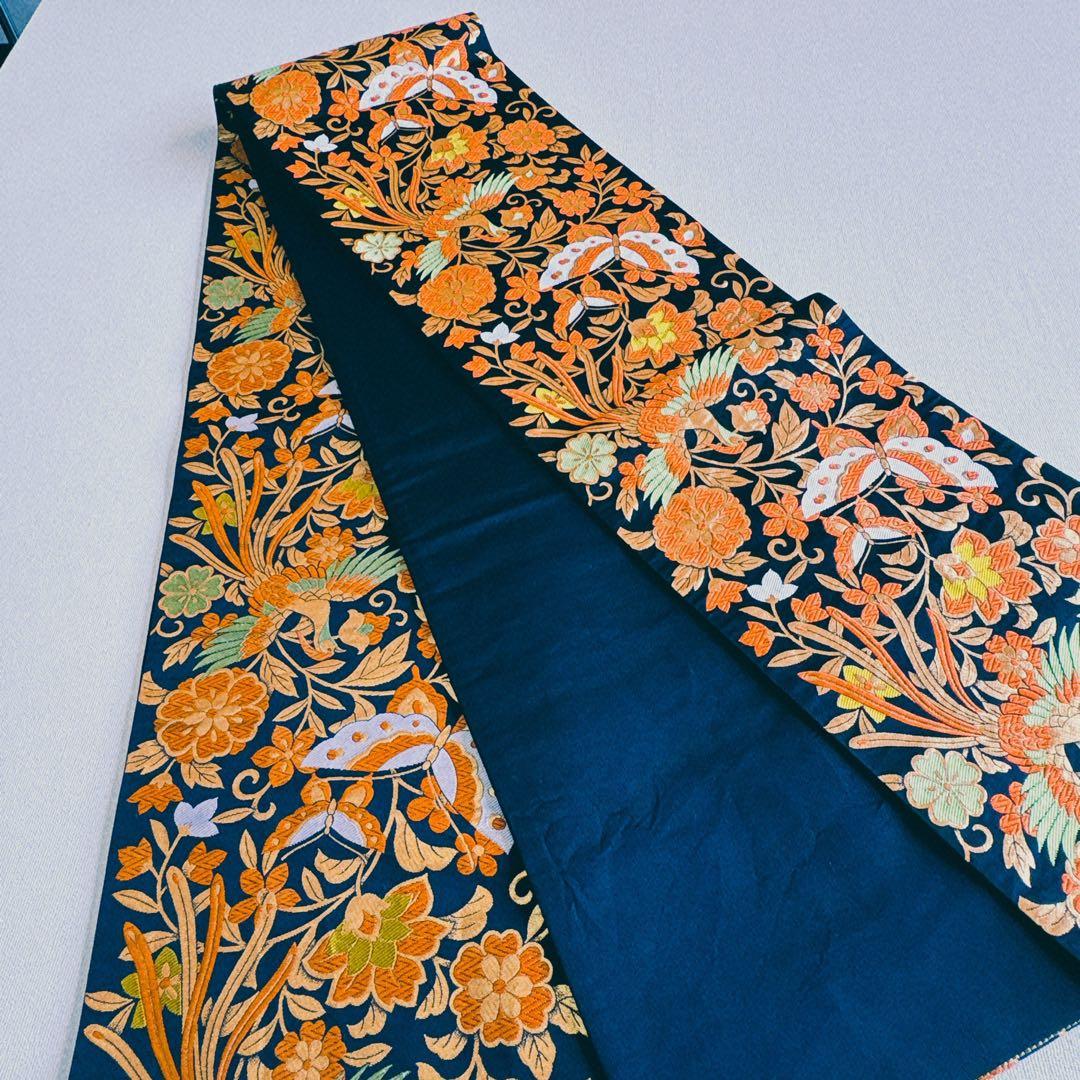 フルセット七五三７歳女の子　オレンジ地チューリップ　黒地袋帯鳳凰　長襦袢7124