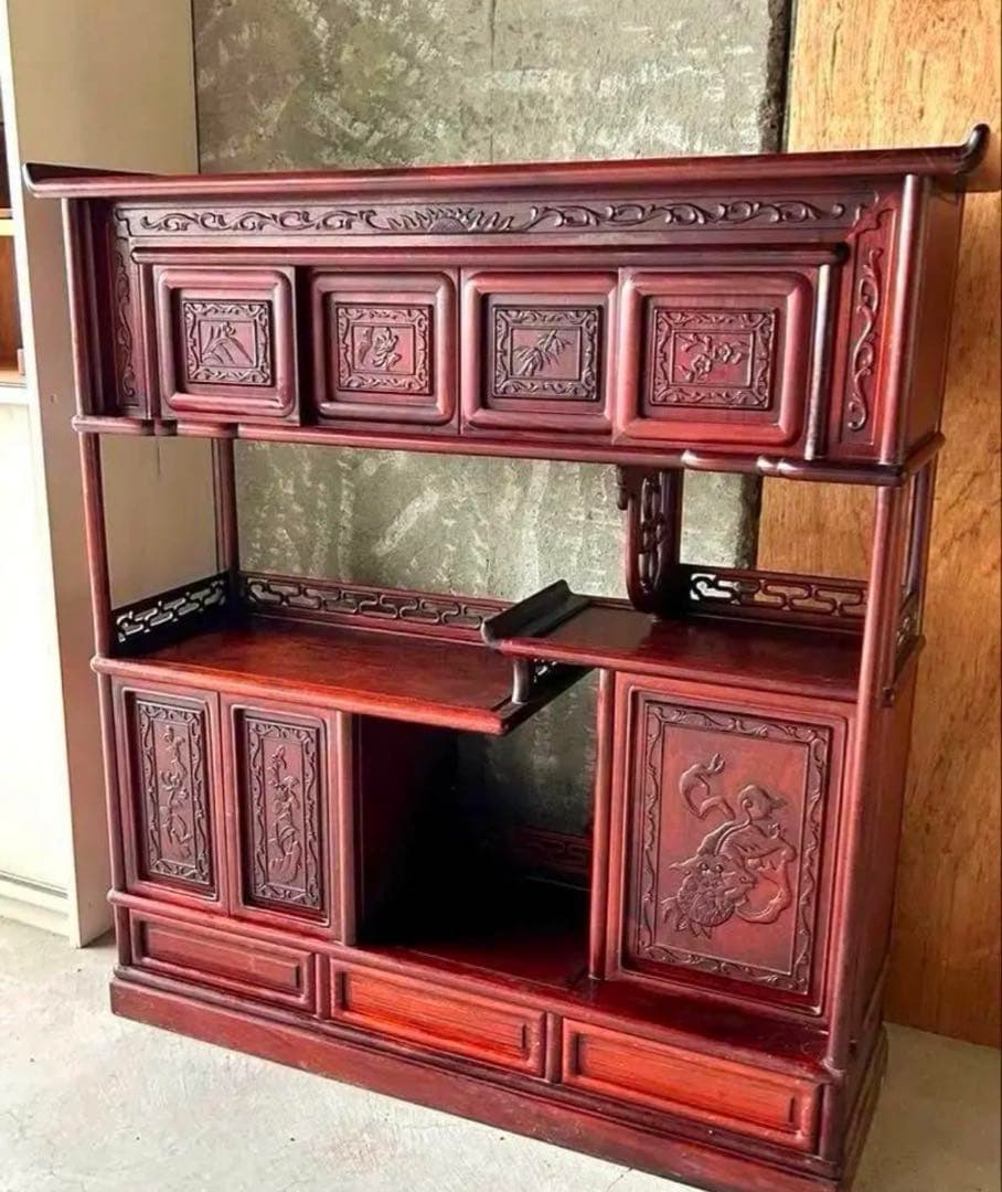 レア 貴重 銘木、骨董品 飾り棚　茶箪笥　透かし彫り　年代品　茶棚和棚、木製家具