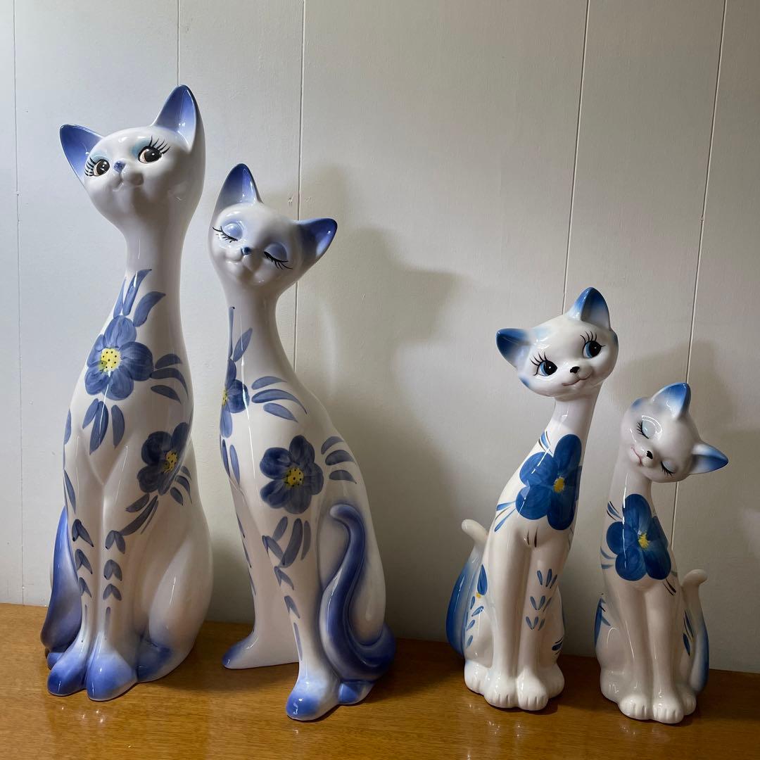 猫の置物　陶器　大小４個セット　昭和レトロ