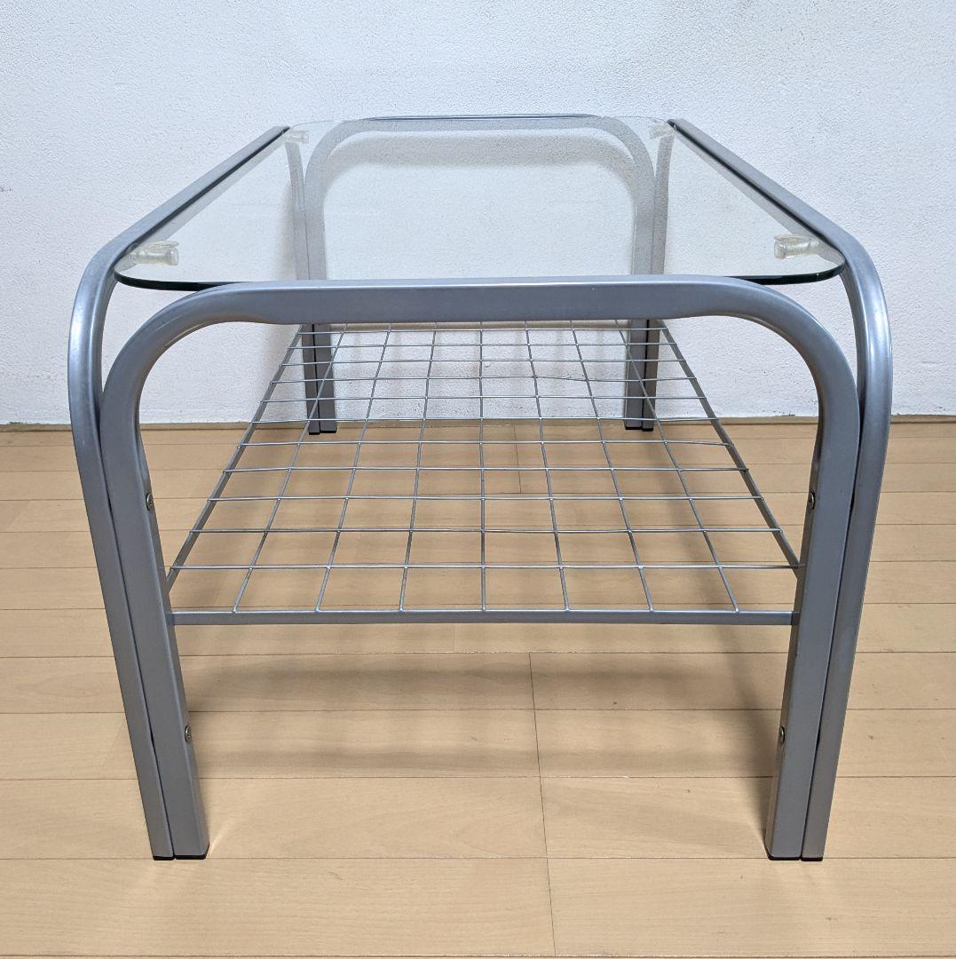 昭和レトロ ガラス アイアンフレーム ローテーブル 網棚付き シルバー