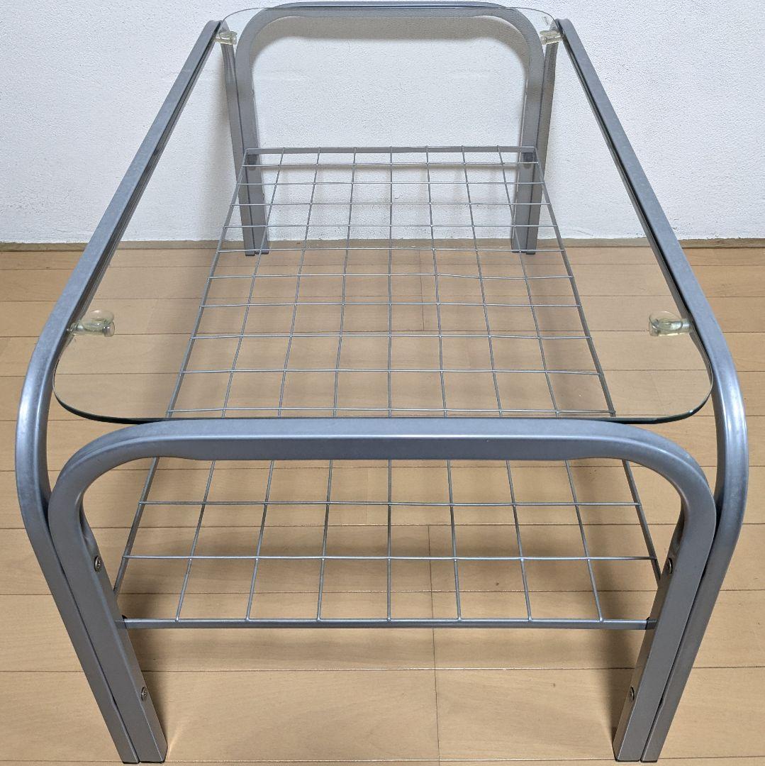 昭和レトロ ガラス アイアンフレーム ローテーブル 網棚付き シルバー