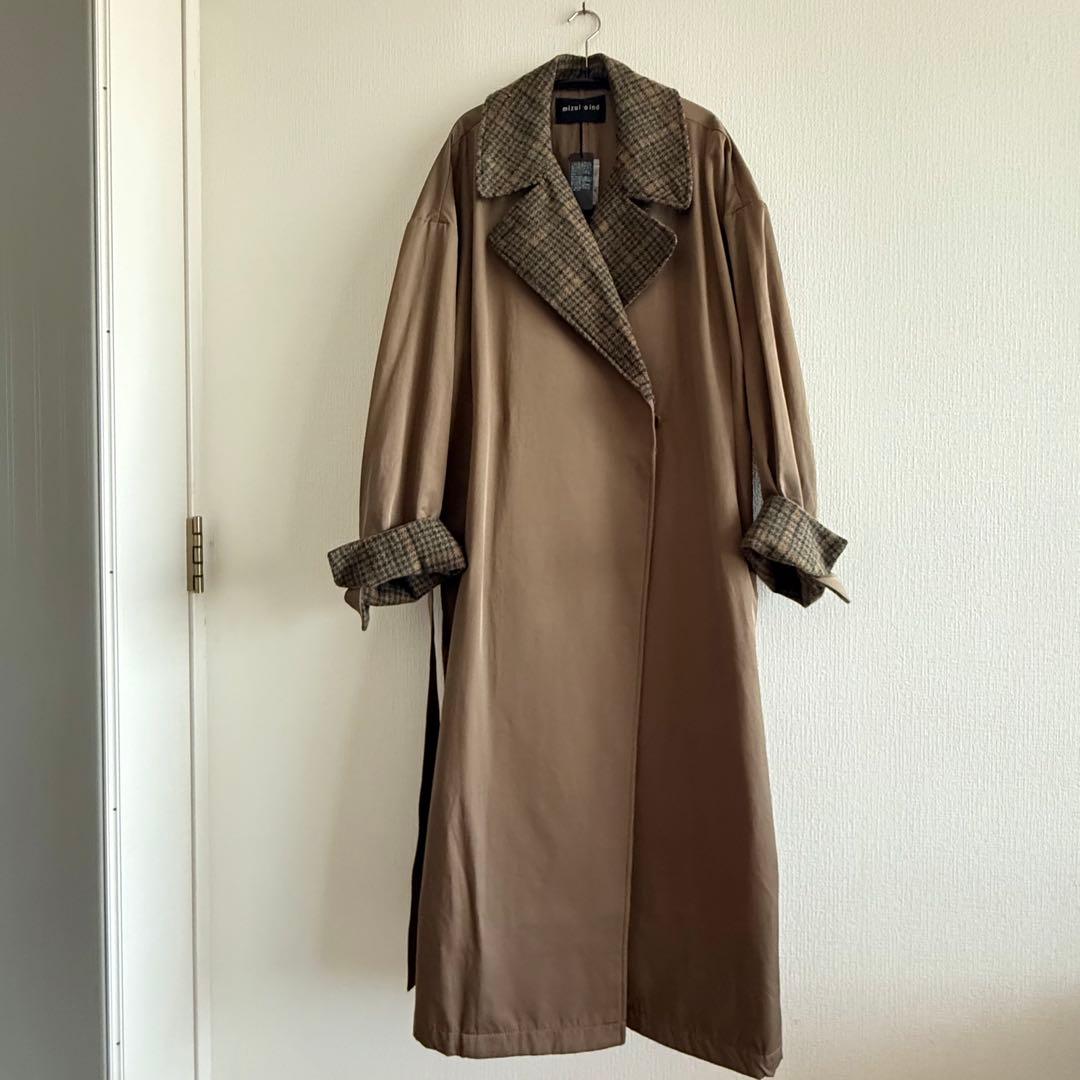 新品mizuiro ind ワイドロングコート　ベージュ×チドリ