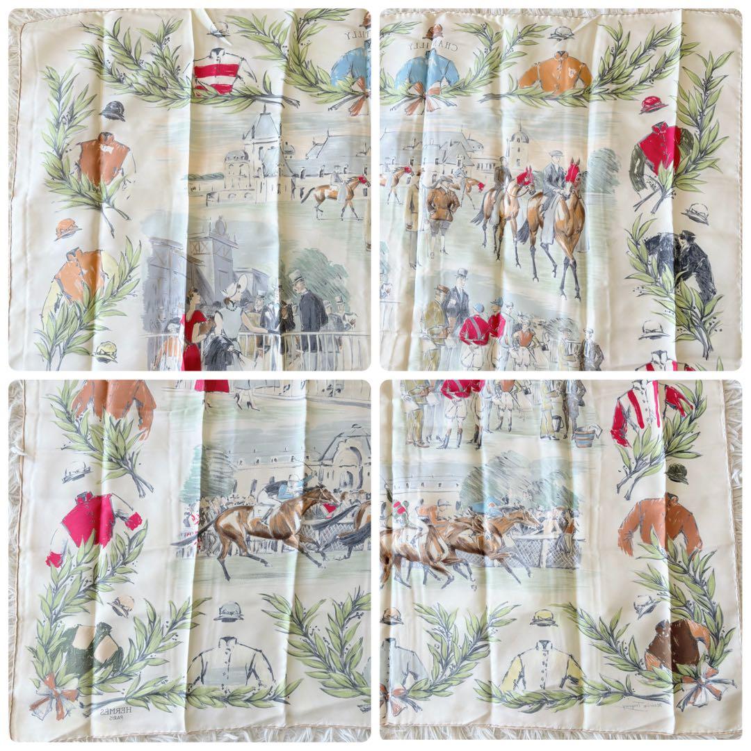 【美品】HERMES エルメ スカーフ カレ90 競馬場 シルク 箱付 ベージュ