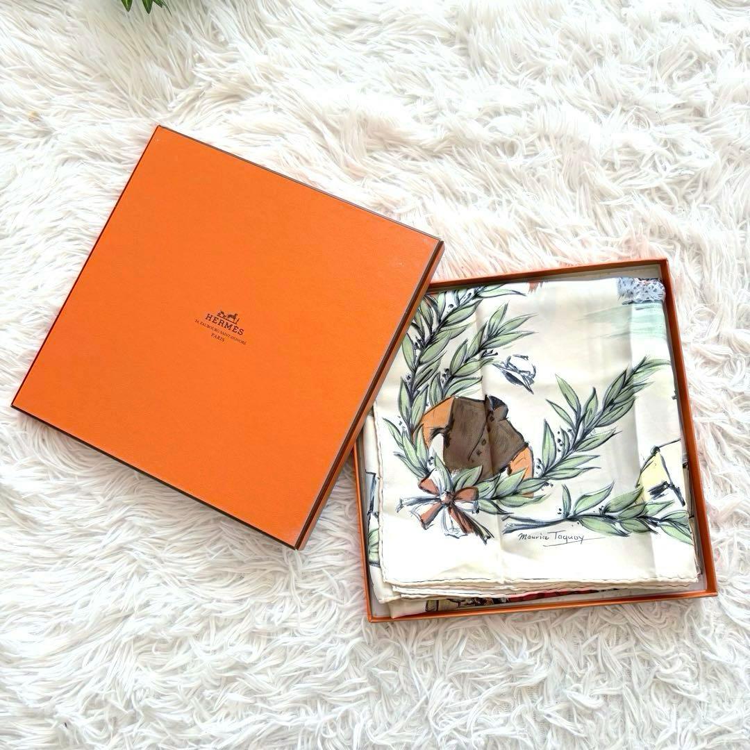 【美品】HERMES エルメ スカーフ カレ90 競馬場 シルク 箱付 ベージュ