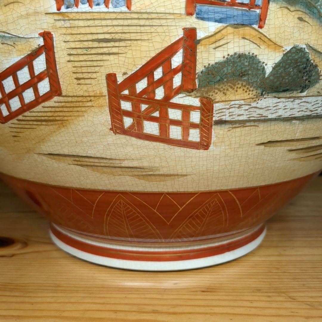 薩摩焼　島津丸十字　金獅子　山水草花車文　大花瓶　壺　高さ約47.5センチ