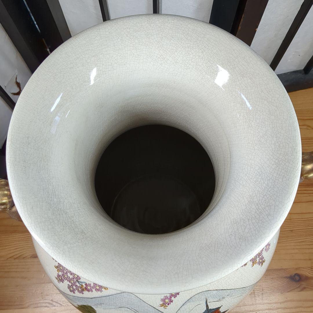 薩摩焼　島津丸十字　金獅子　山水草花車文　大花瓶　壺　高さ約47.5センチ