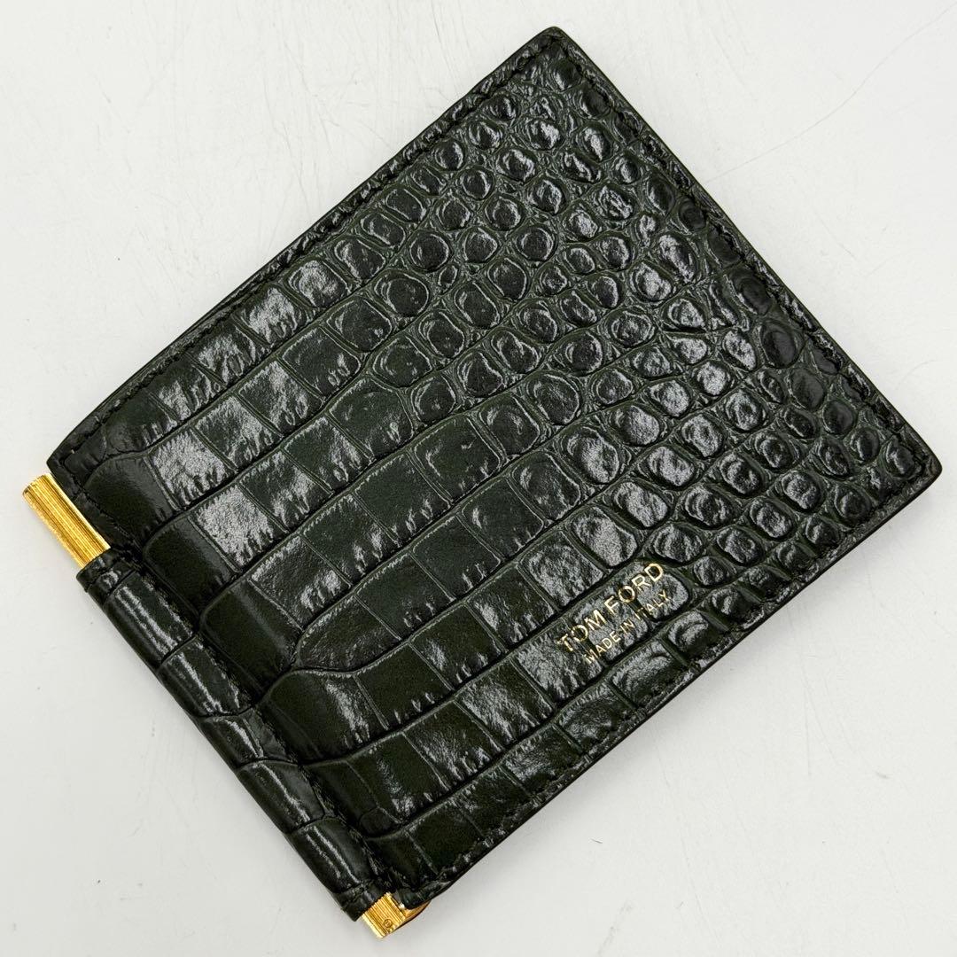 【美品】トムフォード マネークリップ クロコ型押し 金ロゴ レザー グリーン