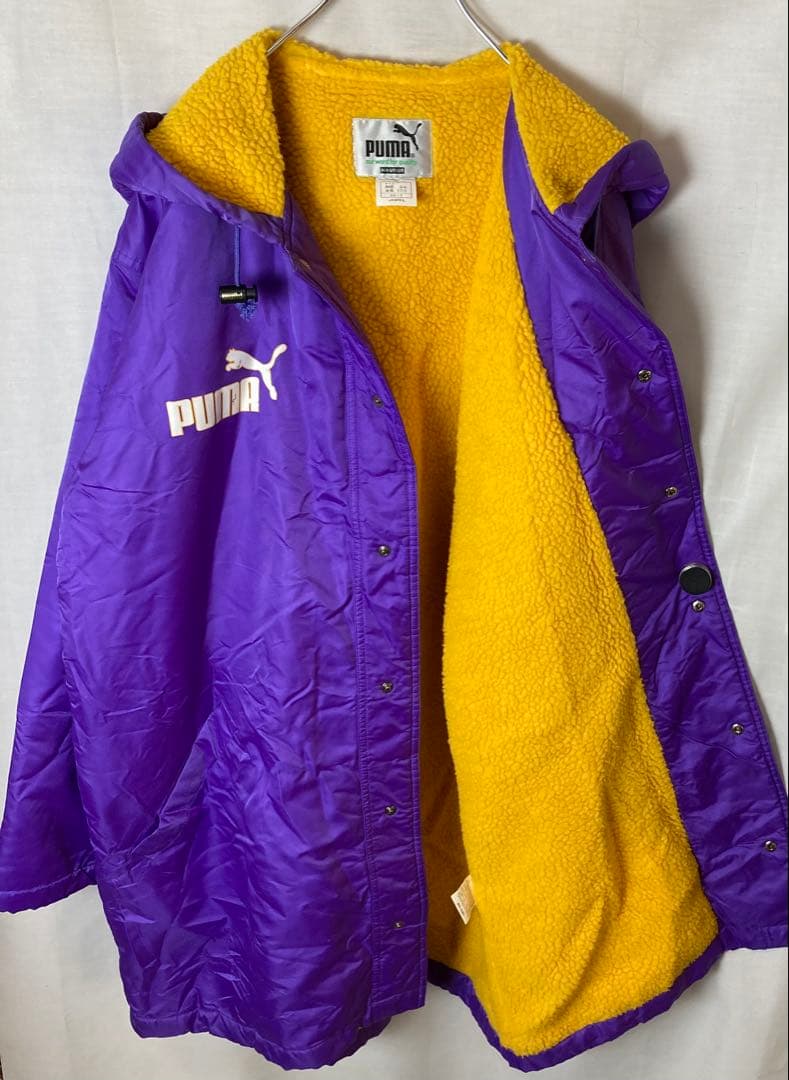 90s古着PUMAでかロゴ 裏ボア パープルナイロンベンチコート ビッグサイズ