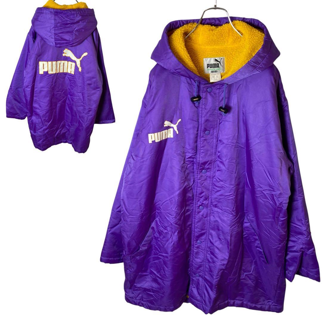 90s古着PUMAでかロゴ 裏ボア パープルナイロンベンチコート ビッグサイズ