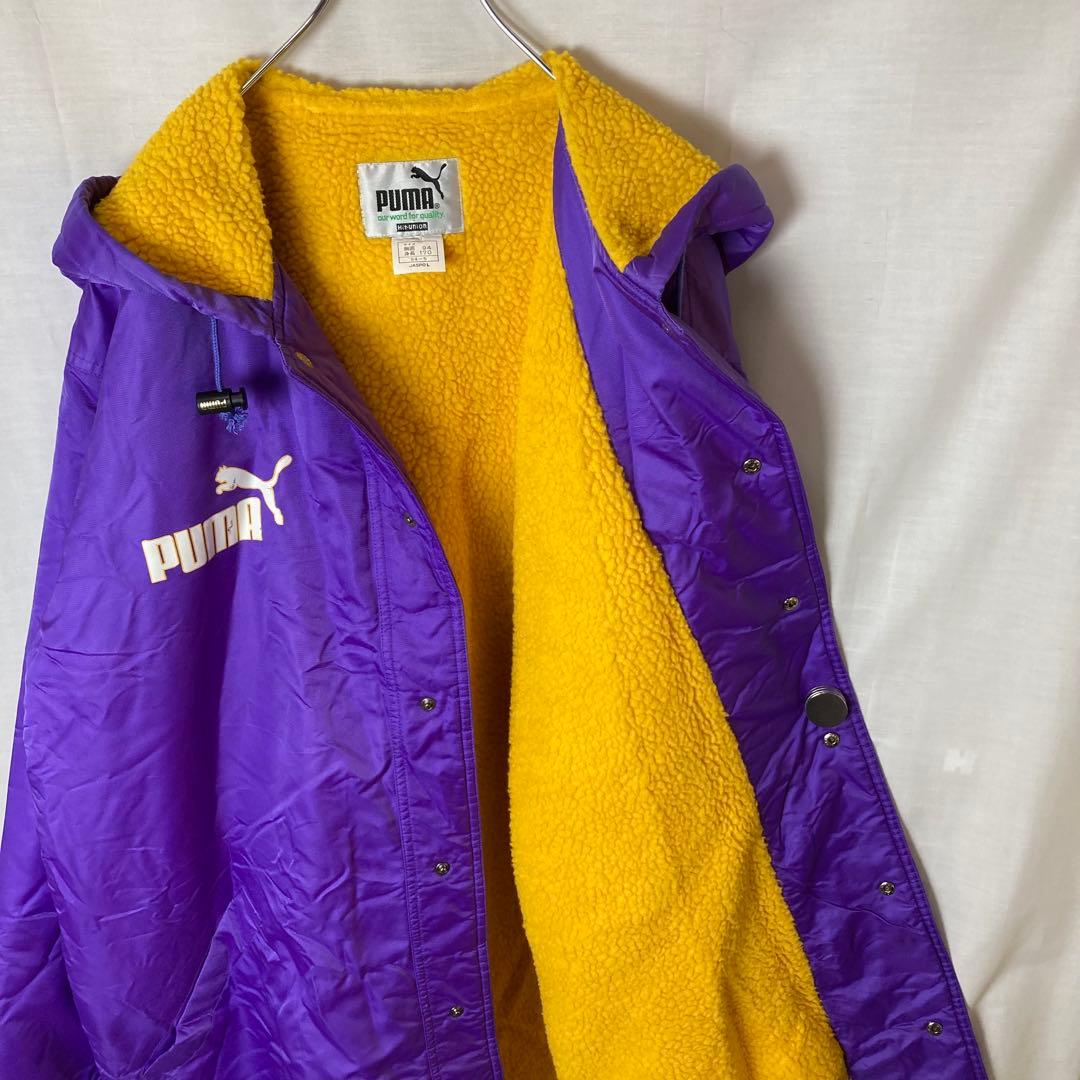90s古着PUMAでかロゴ 裏ボア パープルナイロンベンチコート ビッグサイズ