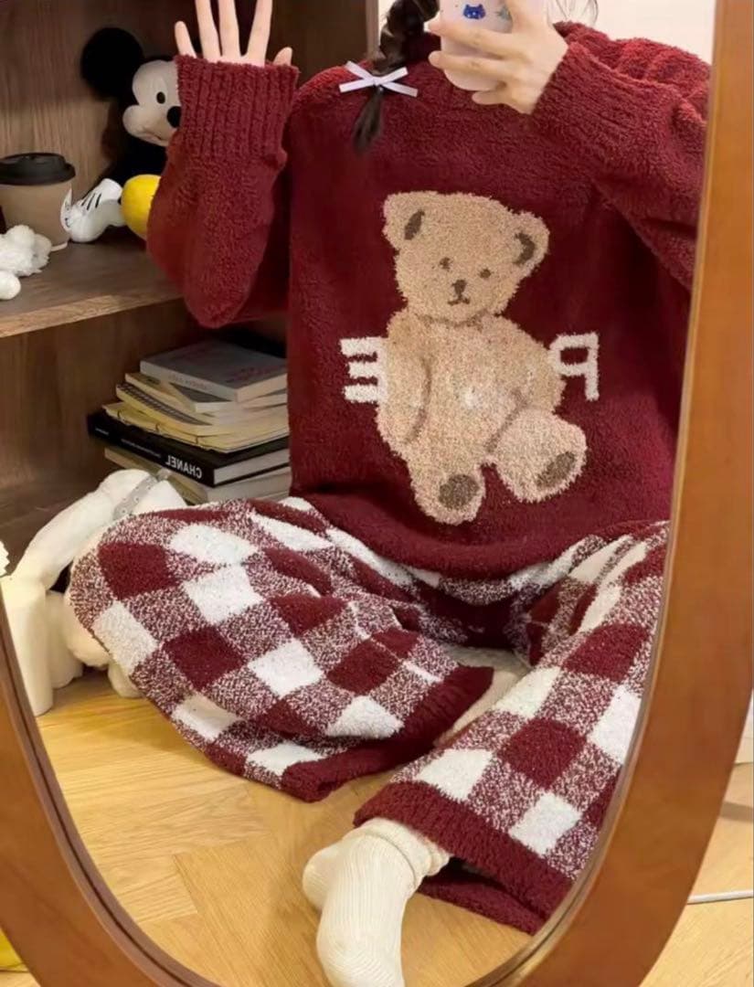 【大人気】ジェラピケ パジャマ ルームウェア 2点セット ふわふわ ワインレッド
