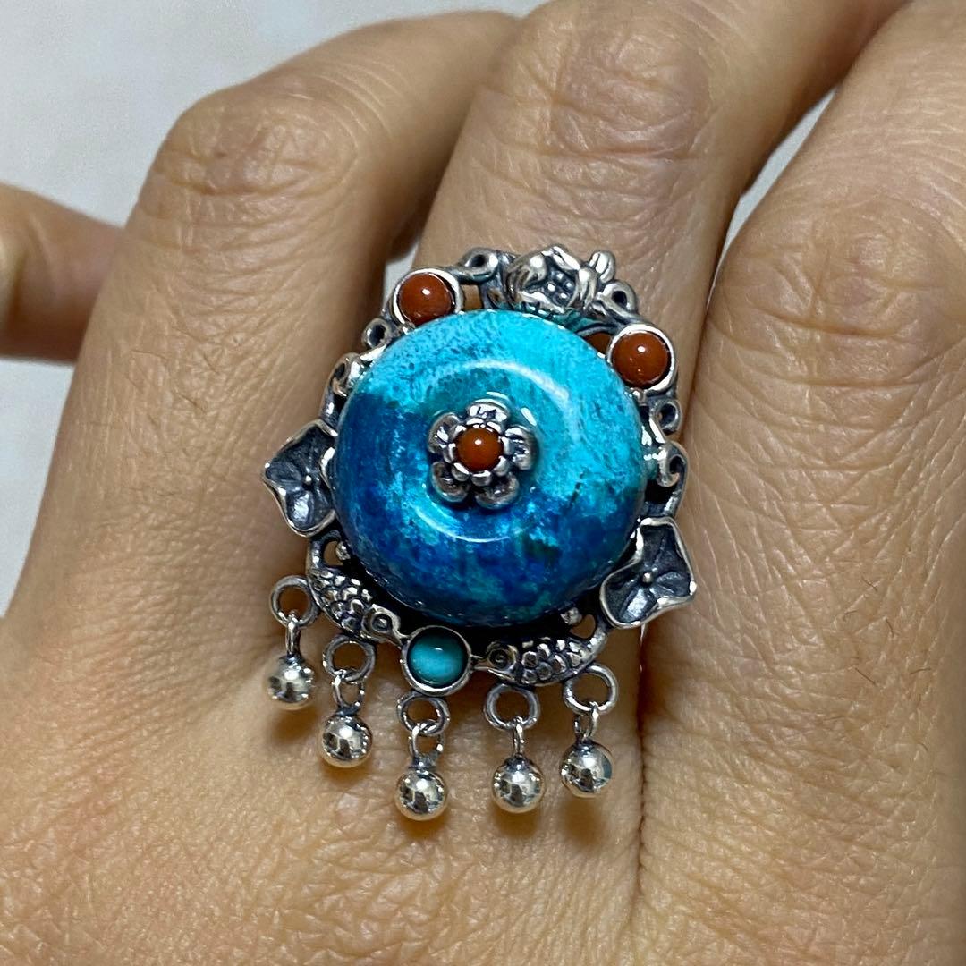 天然石リング　高品質クリソコラ　青　ナンホーンメノウ　SV925刻印