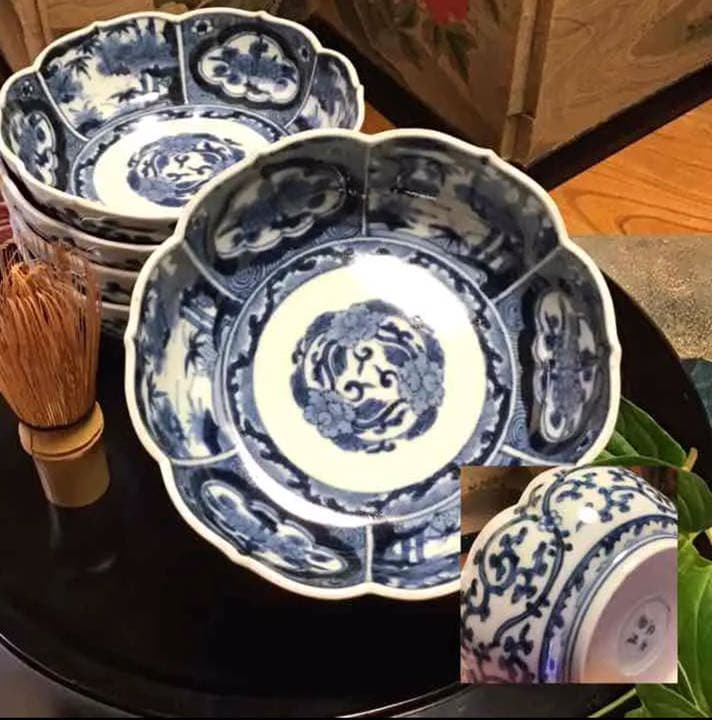 A197 古伊万里　染付見込牡丹唐草　窓絵松竹梅　花唐草　綾花形　膾皿　5客