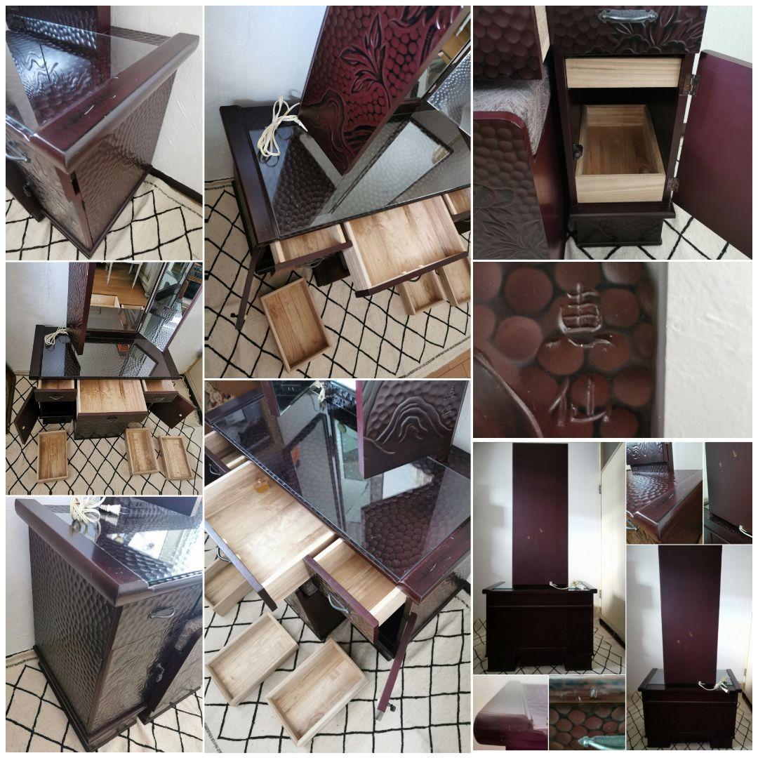 日展恵仙 伝統工芸 芍薬鎌倉彫 本漆塗仕上 三面姿見桐製鏡台 椅子付ドレッサー