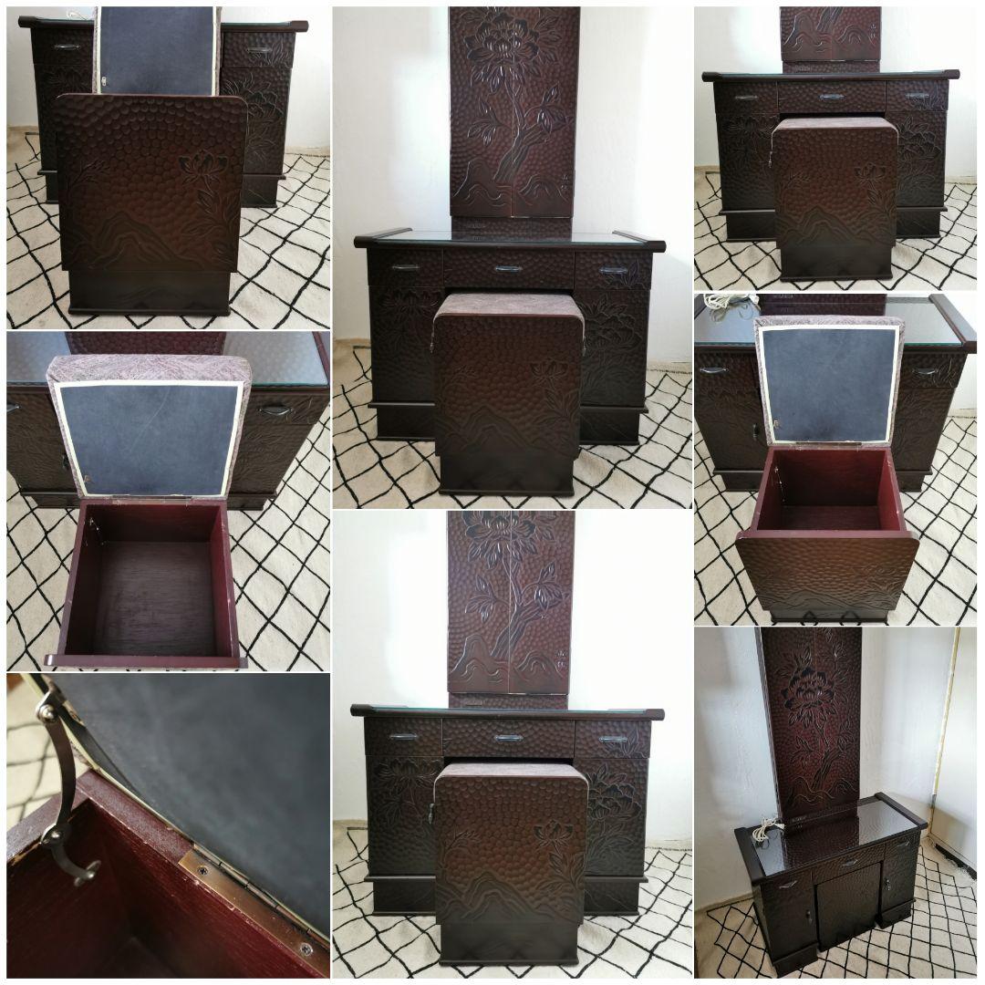 日展恵仙 伝統工芸 芍薬鎌倉彫 本漆塗仕上 三面姿見桐製鏡台 椅子付ドレッサー