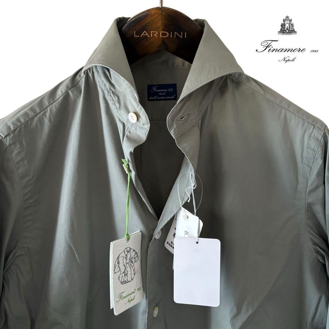 未使用/4.6万円/Finamore/オリーブ/ストレッチコットンシャツ