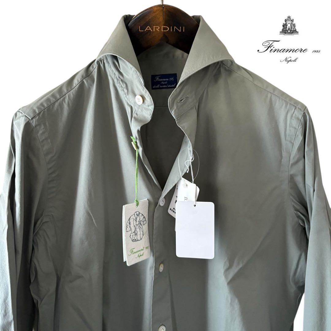 未使用/4.6万円/Finamore/オリーブ/ストレッチコットンシャツ