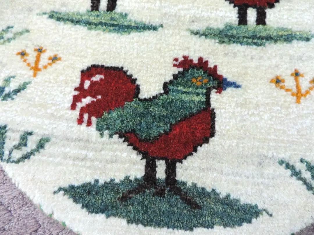 円形 ペルシャシラーズ産手織りウール製座布団サイズギャッベニワトリ柄、本物.保証