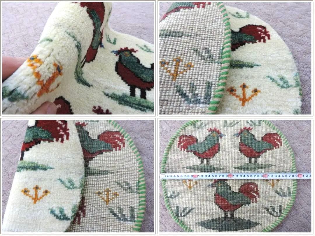 円形 ペルシャシラーズ産手織りウール製座布団サイズギャッベニワトリ柄、本物.保証