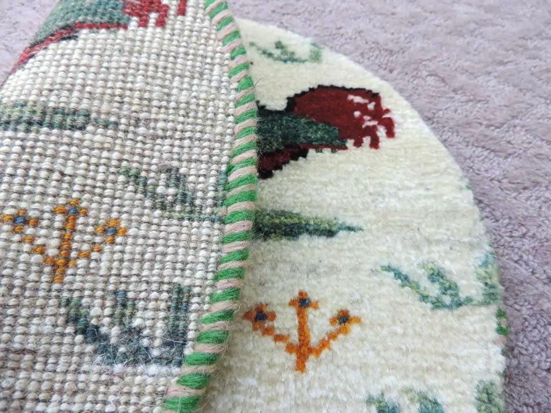 円形 ペルシャシラーズ産手織りウール製座布団サイズギャッベニワトリ柄、本物.保証