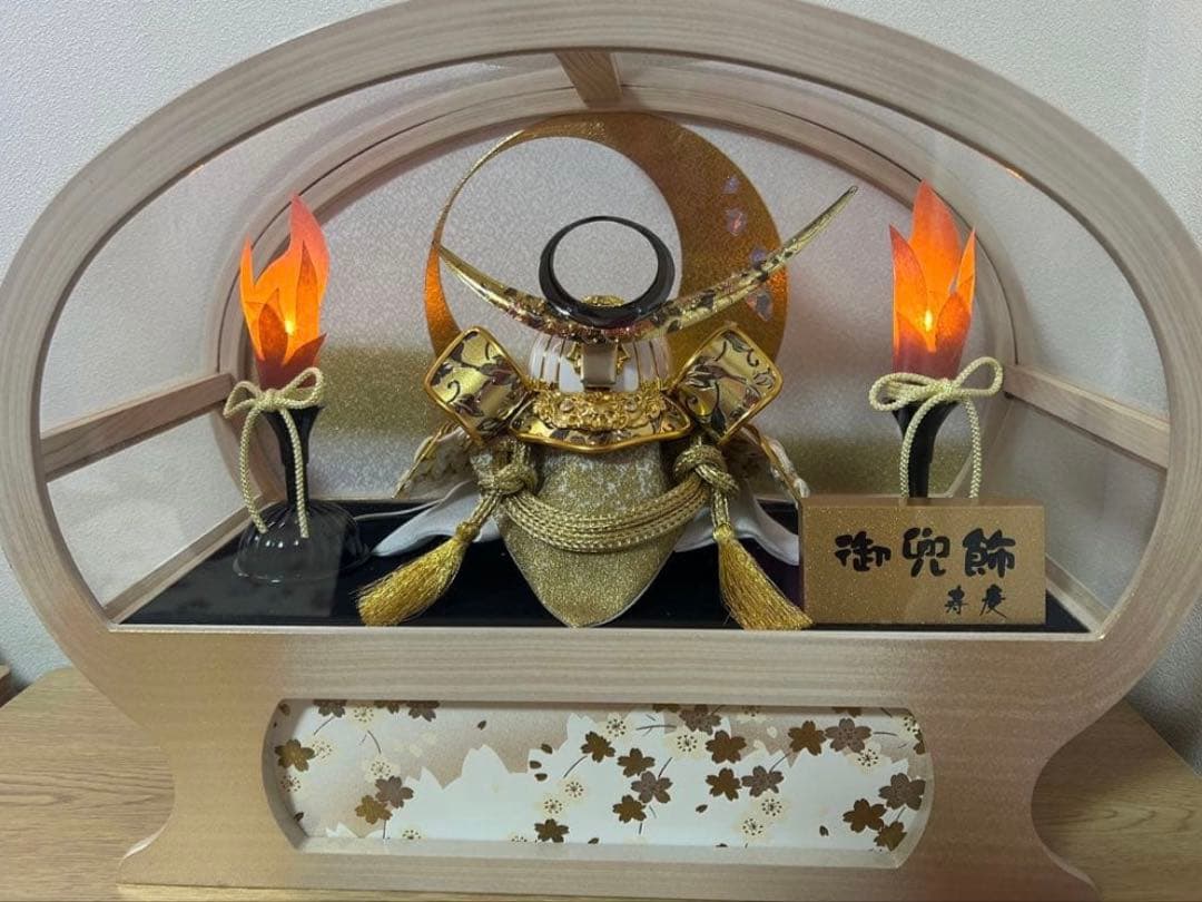 美品！兜 ライト付き 五月人形 木製ケース 子供の日 コンパクト