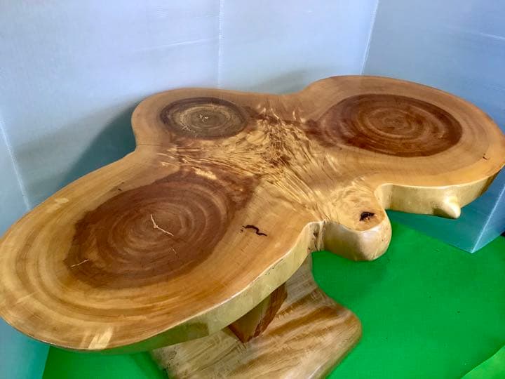 天然木　トチ　三連輪切りテーブル　手造り　一点物