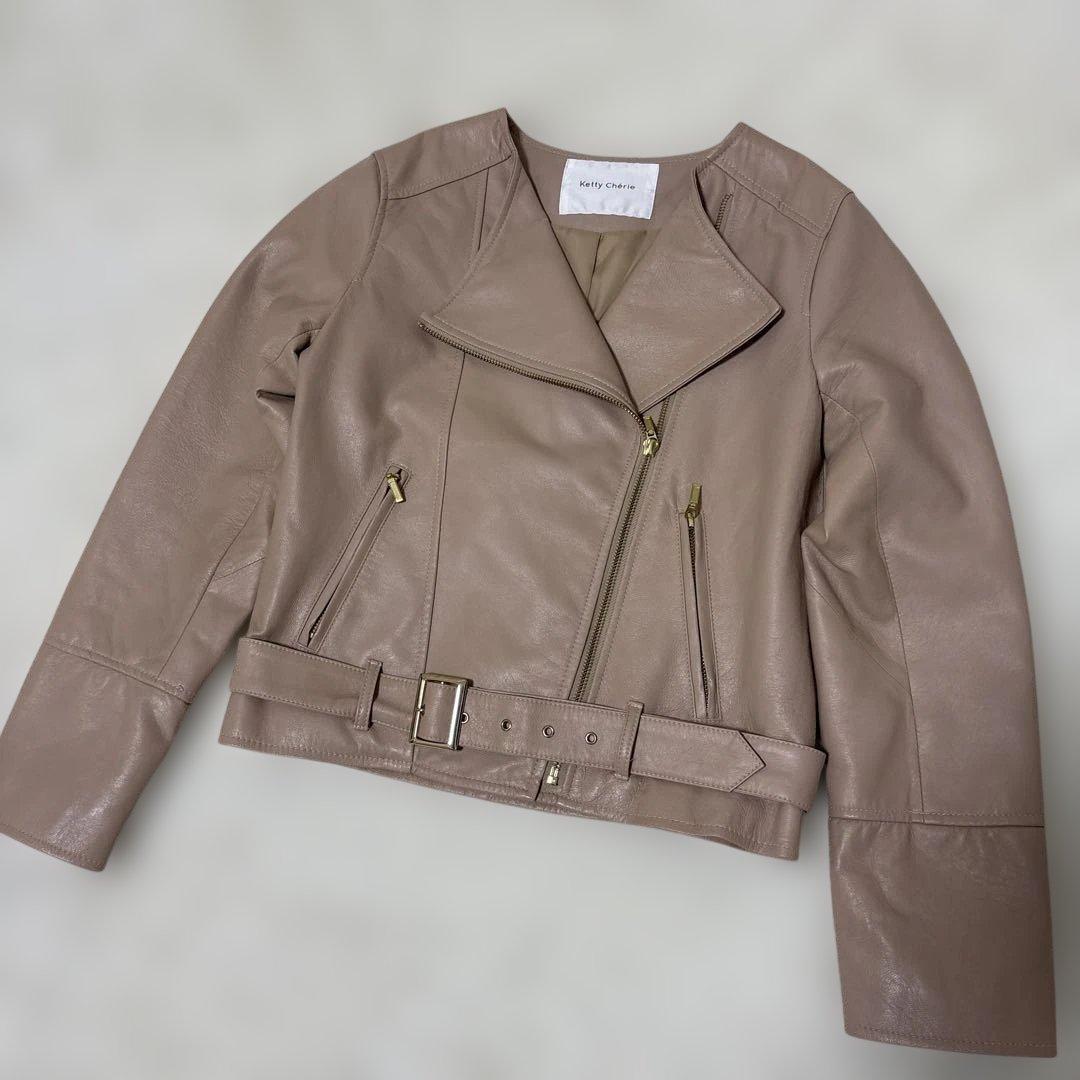 羊革【極美品】ケティーシェリー　ノーカラーダブルライダースL　ピンク　ベルト