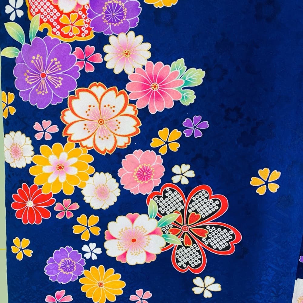 振袖 正絹 紺 熨斗目 桜 豪華金彩 暈し L 身丈169 裄68 成人式