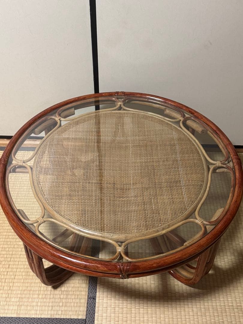 昭和レトロ　ラタン ガラステーブル 籐 　座卓　円卓　ヴィンテージ おしゃれ
