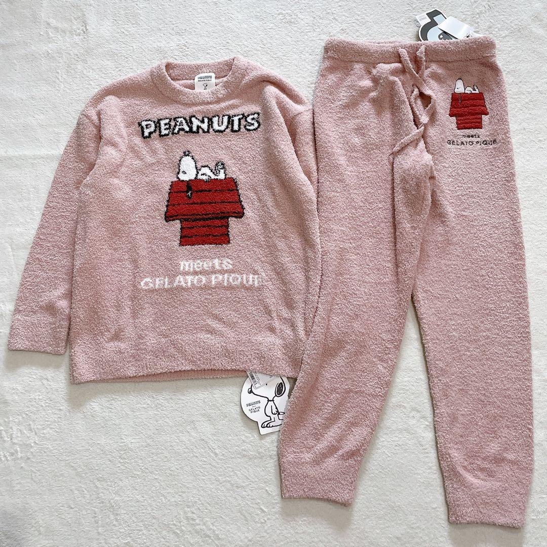 ジェラピケ　スヌーピー　ベビモコJQDプルオーバー&ロングパンツセット　ピンク