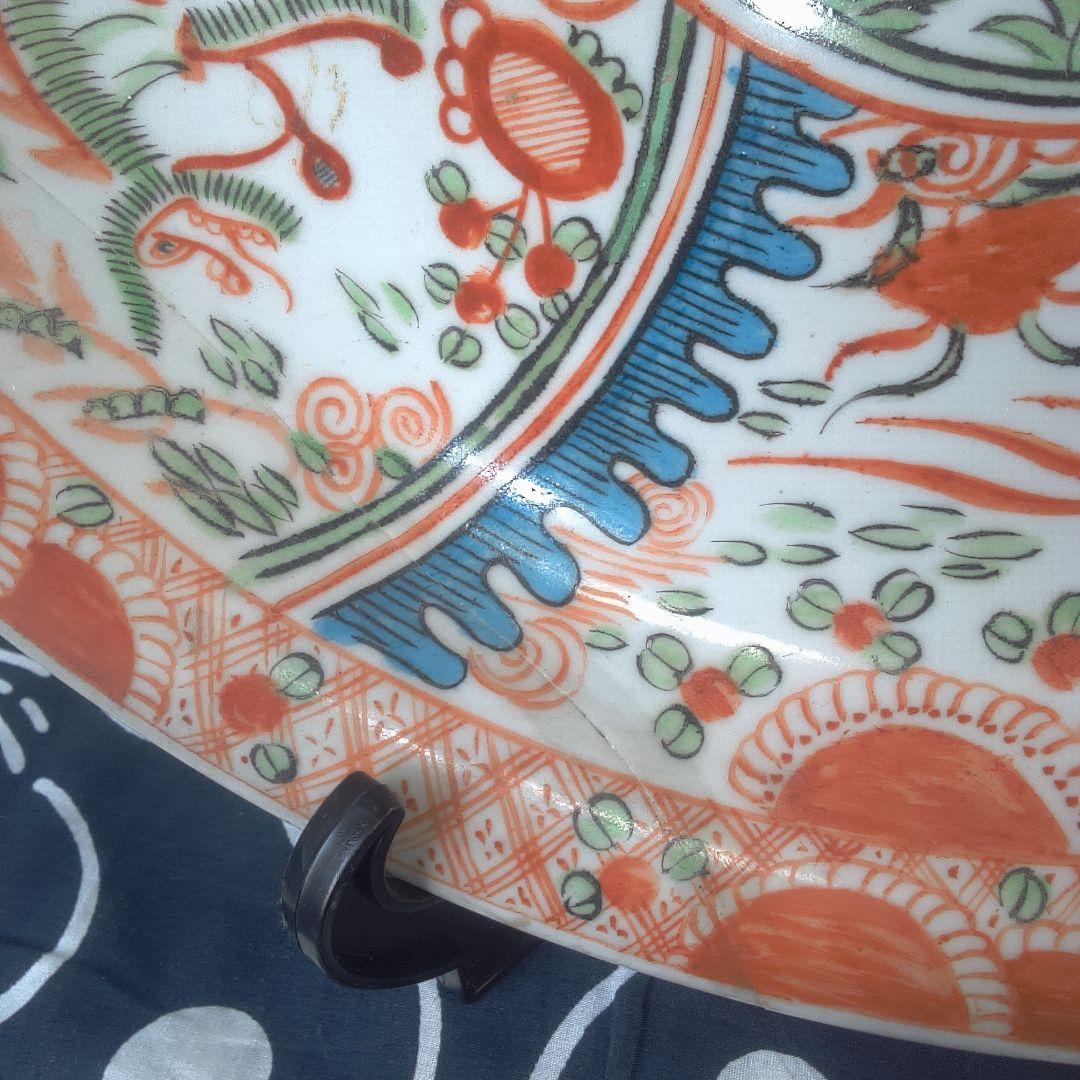 骨董６ 中国？ ひび直しあります注意多色花模様の陶器皿