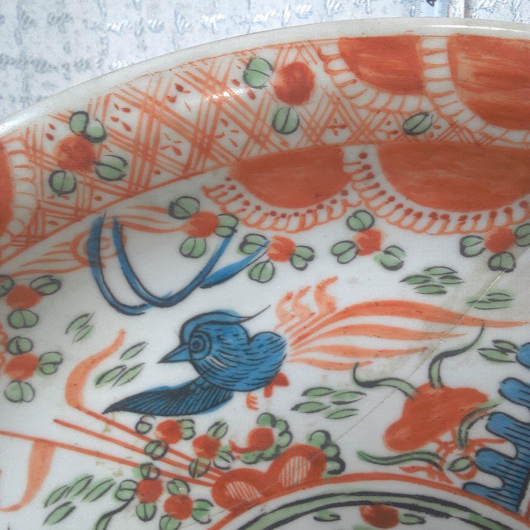 骨董６ 中国？ ひび直しあります注意多色花模様の陶器皿