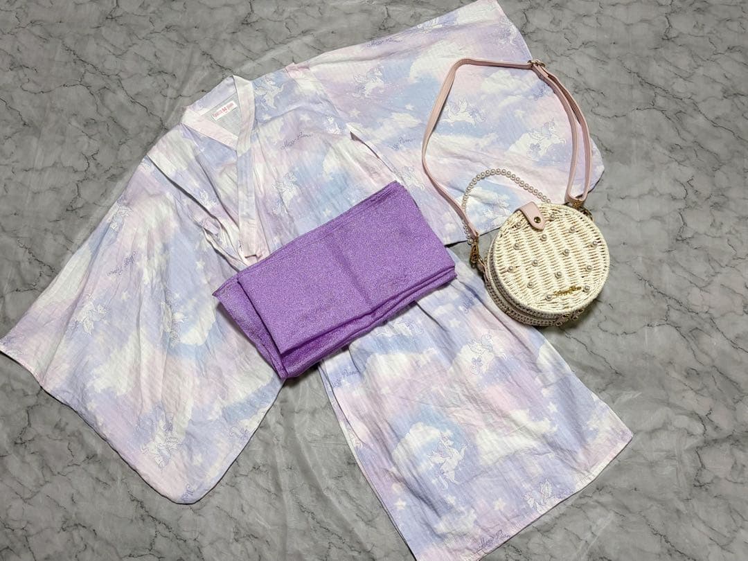 メゾピアノ ユニコーンスカイ柄 浴衣 140 パール かごバッグ セット