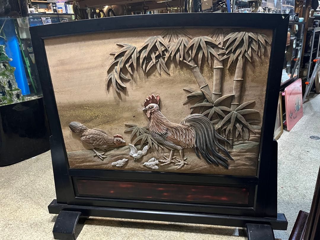 衝立、彫刻衝立、水彩絵衝立、明治時代衝立、木彫り衝立、鶏と竹とすずめ