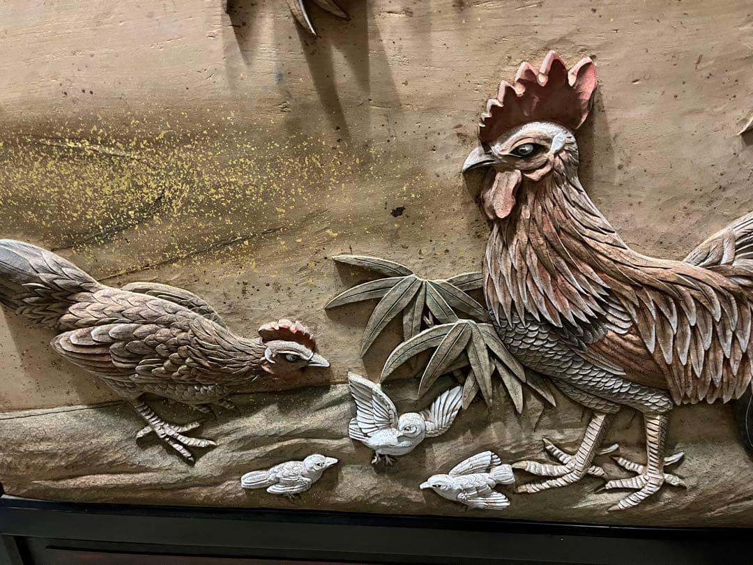 衝立、彫刻衝立、水彩絵衝立、明治時代衝立、木彫り衝立、鶏と竹とすずめ