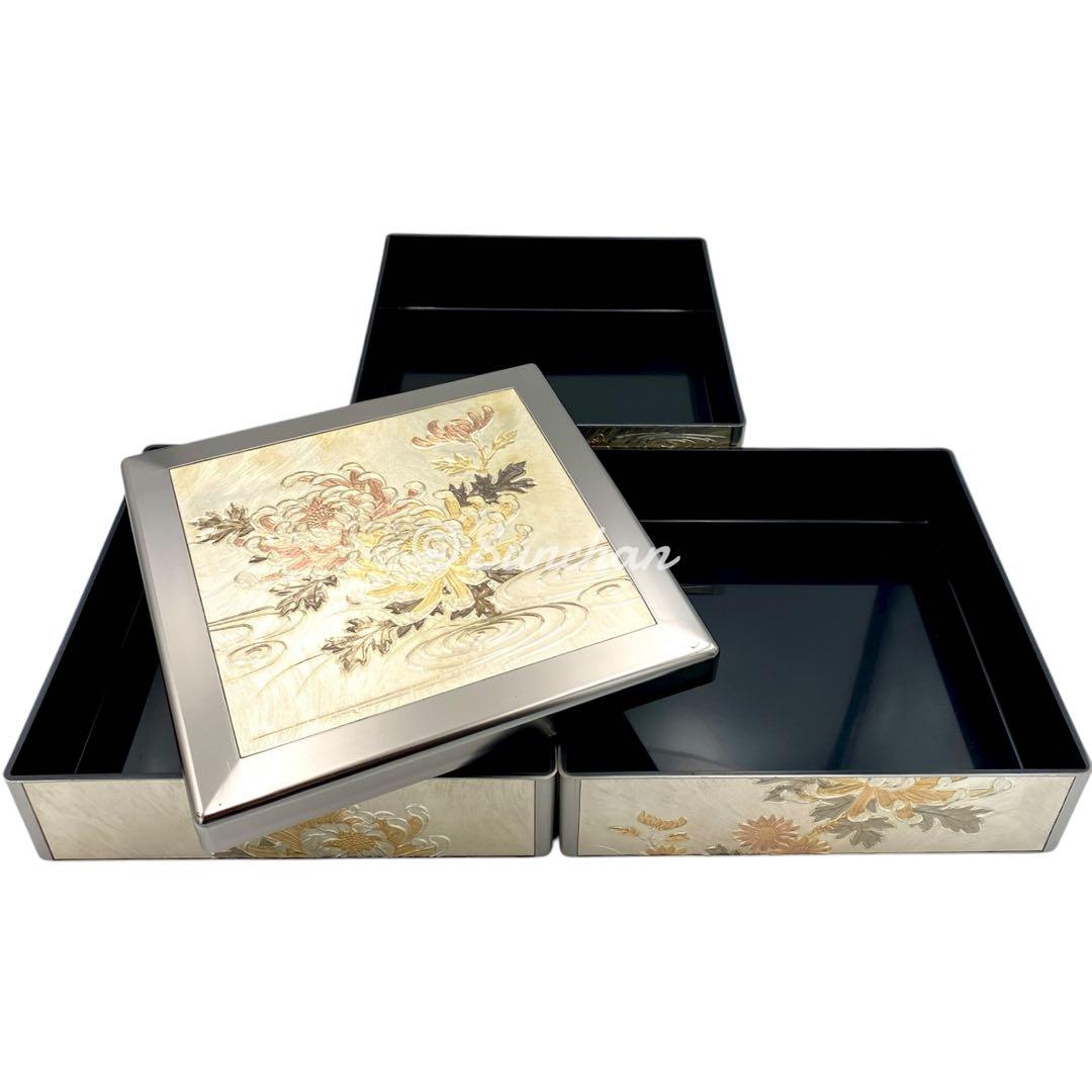 【希少品】 彫金 三段重 共箱 説明栞付き 御重箱 重箱 純金 純銀 銅仕上げ
