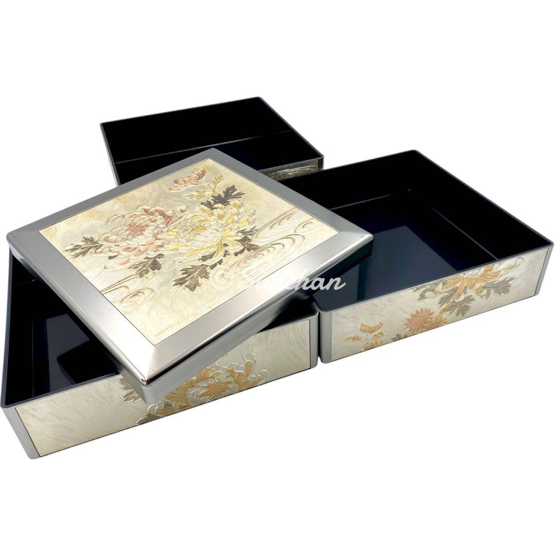 【希少品】 彫金 三段重 共箱 説明栞付き 御重箱 重箱 純金 純銀 銅仕上げ