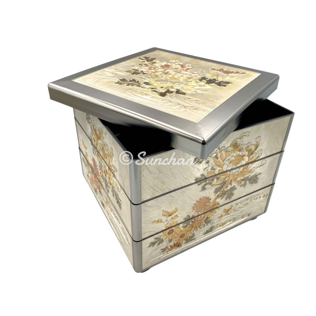 【希少品】 彫金 三段重 共箱 説明栞付き 御重箱 重箱 純金 純銀 銅仕上げ