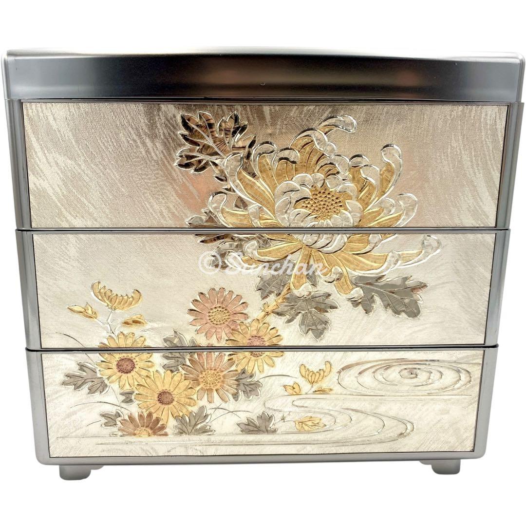 【希少品】 彫金 三段重 共箱 説明栞付き 御重箱 重箱 純金 純銀 銅仕上げ